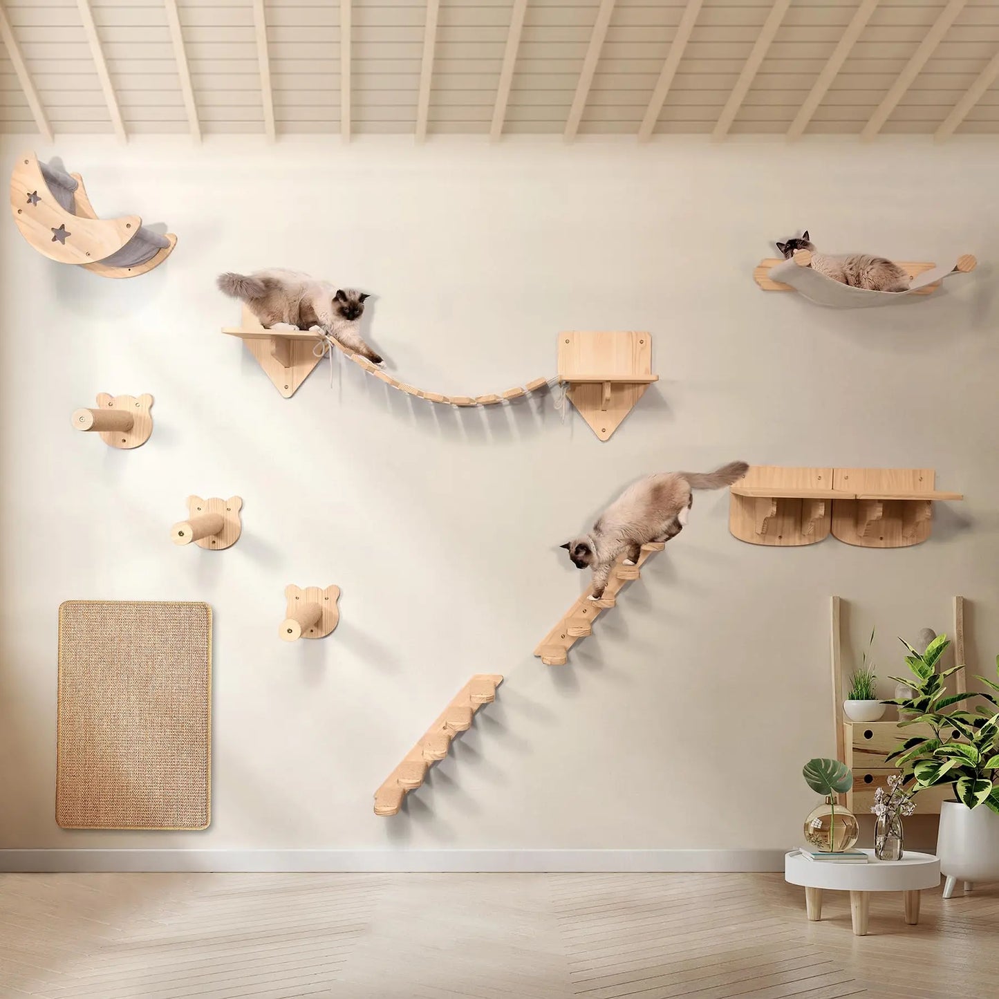 Cat Tree Cat Mounted Climbing Wall with Cat Hammock and Cat Climbing Ladder Cat Shelf Sisal nest for Kitten Playing and Rest
