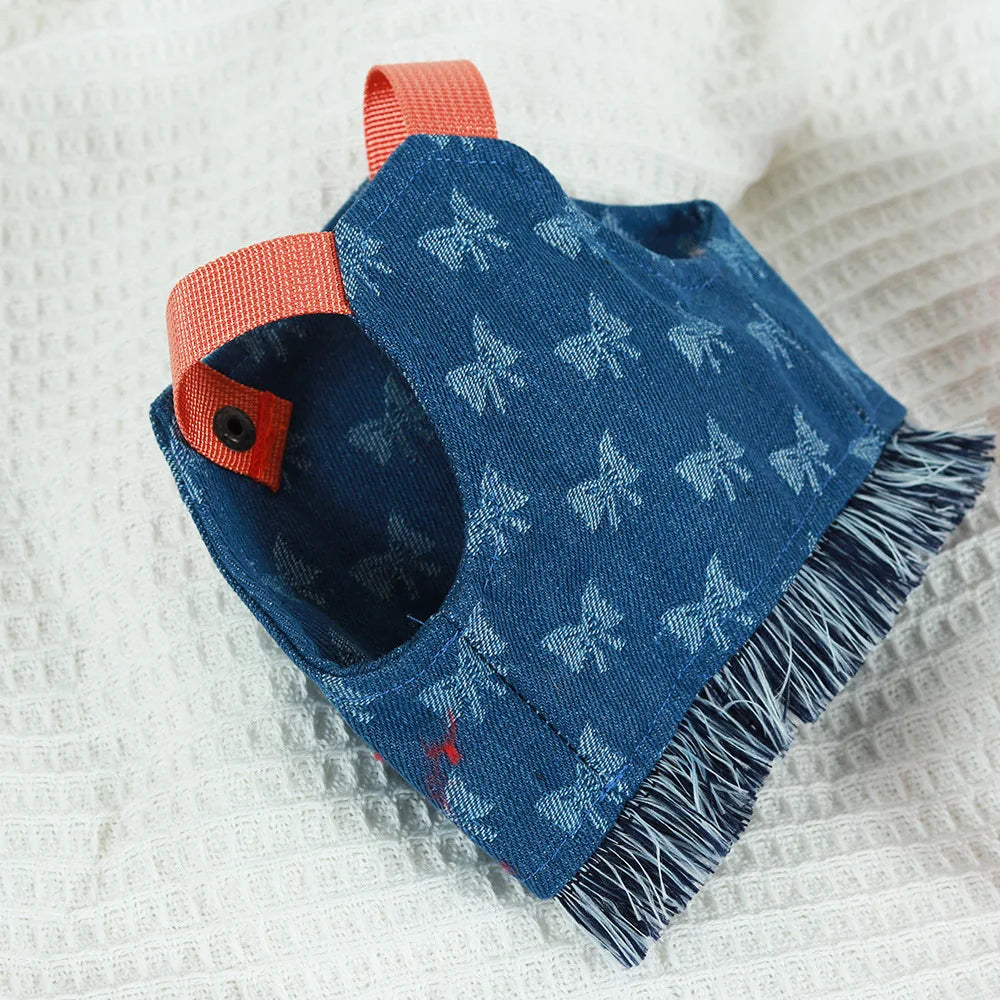 New Dog Harness and Leash Set for Small Dogs, Dark Wash Denim Puppy Dog Vest Harness Tassels Pet Jeans Butterfly Harness