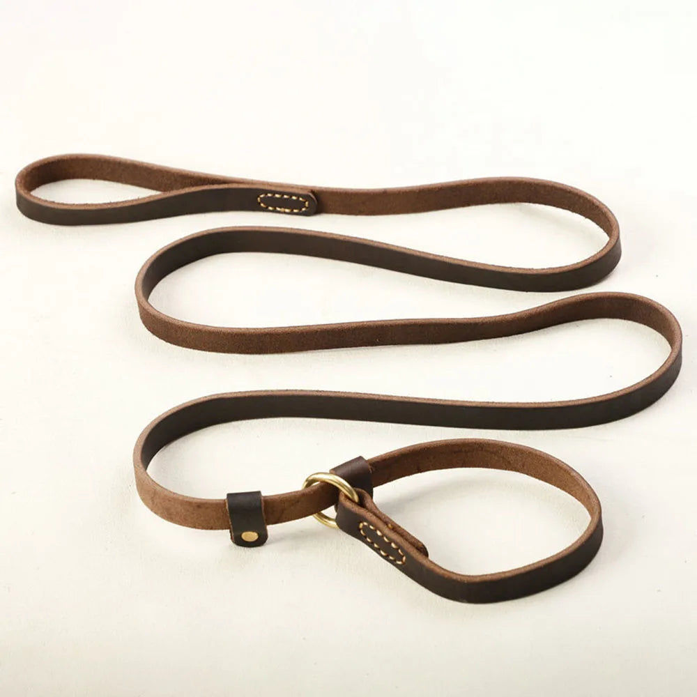 Pet Dog Flat Slip Lead British Style Durable Real Leather Dog Leash Smooth Adjustable Dog Slip Loop Lead for Walking & Showing