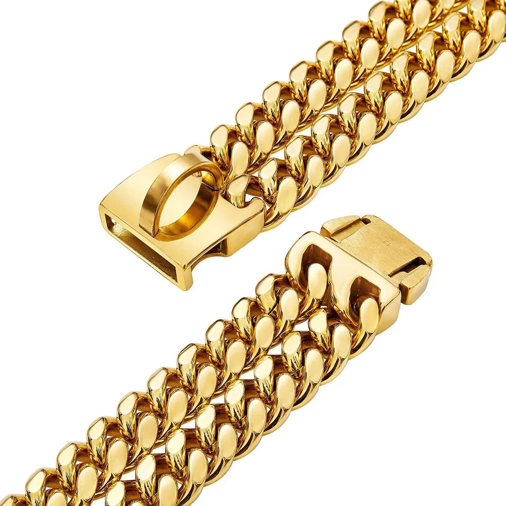 Strong Dog Double Chain Collar 2 Row Gold Cuban Link Stainless Steel Dog Training Collar Pet Metal Collar For Medium Large Dogs