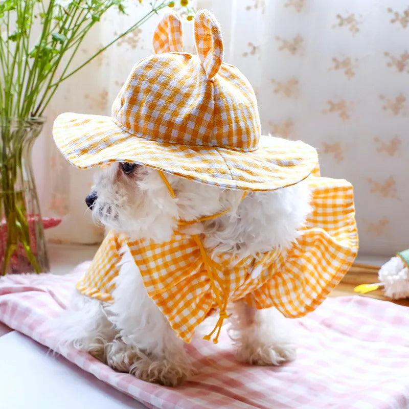 Pastoral Style Plaid Cat Hat Cute Ears Sunshade Cap for Dogs Summer Pet Headwear Unisex Outdoor Hats Chihuahua Dogs Accessories