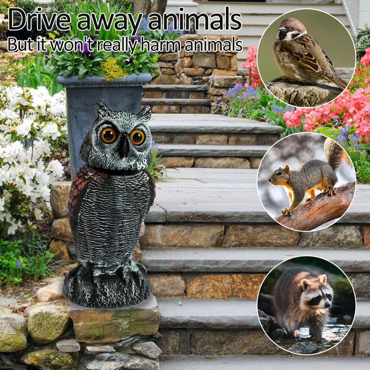 Owl Scare Bird Control Devices with 360° Swivel Head Waterproof Fake Owl Scarecrow Decoy Lifelike Simulation Owl Bird Deterrent