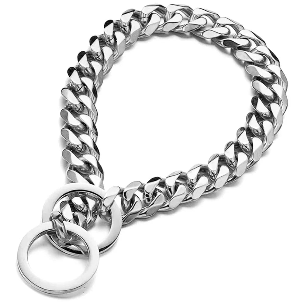 Dog Chain Collar Silvery Golden 15MM Width Cuban Link Chain for Dogs Strong Smooth Stainless Steel Metal Pet Training Slip Chain