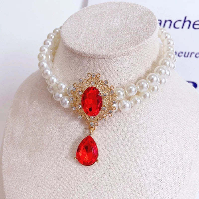 2 Rows Pet Pearls Collar Adjustable Puppy Dog Rhinestone Jewelry Necklaces with Luxury Crystal Accessories for Small Dogs Cats