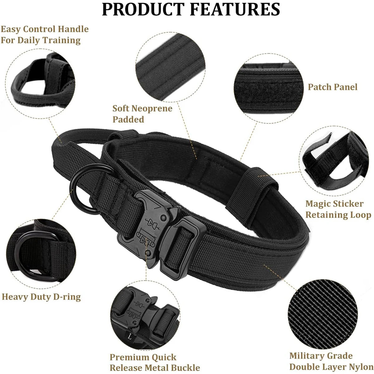 Durable Military Tactical Dog Collar Bungee Leash Nylon Walking Training Pet Collar for Medium Large Dogs German Shepherd