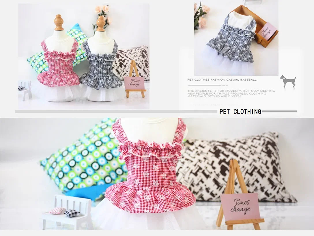 2023 Spring and summer pet skirt puppies small dogs Teddy Grid Pettiskirt Dress Pet Clothes Puppy Costume Spring Pet Clothing