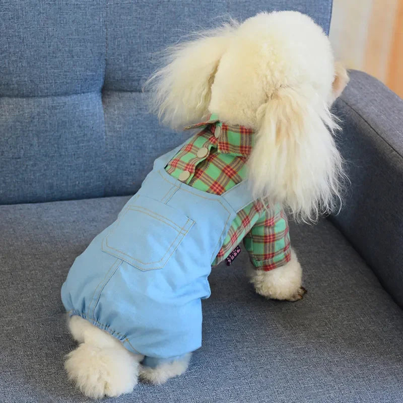 Dogs Clothes Jumpsuits Spring Autumn Denim Sling Plaid Pet T-Shirt Plaid Cat Dress Pet Puppy Skirt Teddy Puppy Clothes Small Dog