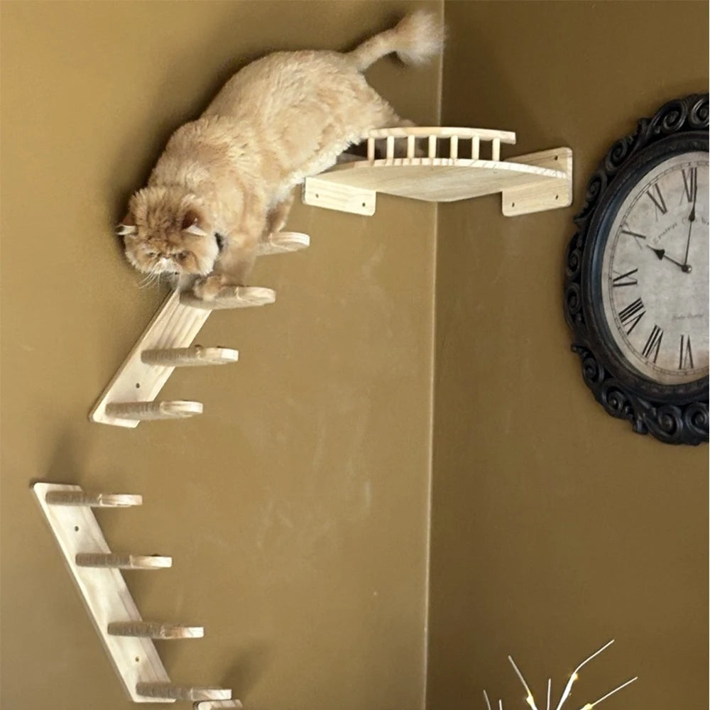 Cat Wall Cat Tree Wooden Climbing Shelves Cat Hammock Bridge with Sisal Ladder and Platform for Kitten Pet Furniture Playground