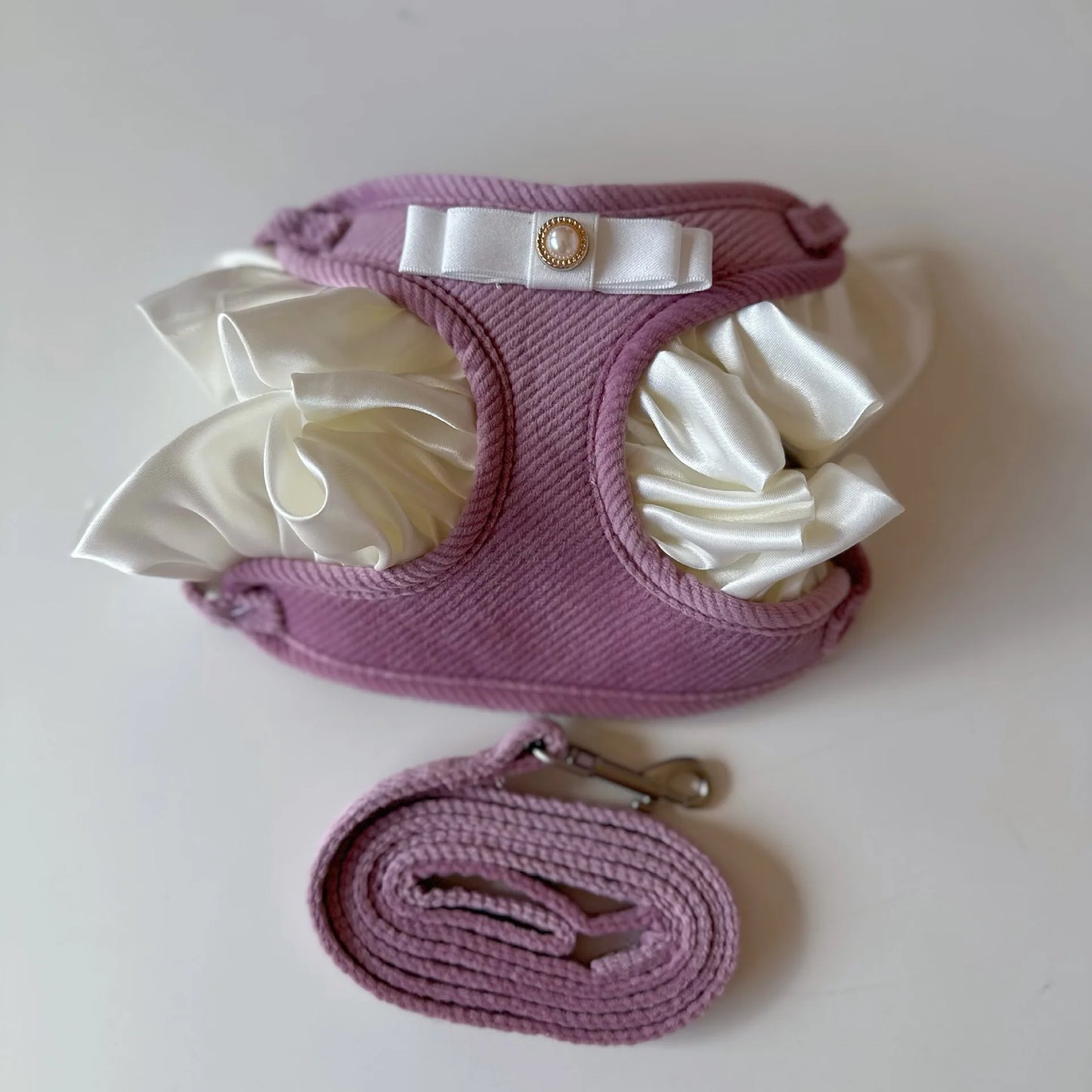 Dog Harness and Leash Set for Small Dogs Cats,Soft Cotton Lace Ruffles Design Pet Vest Harness with Pearl Bowtie Pet Accessories