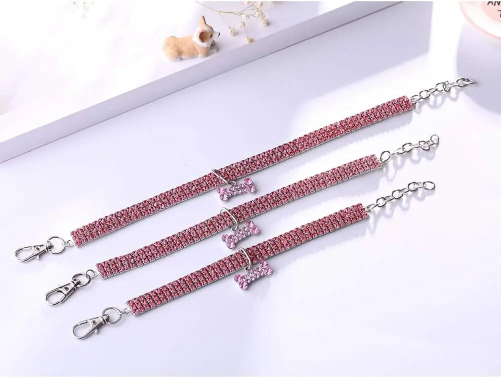 Bling Rhinestones Pet Collar, Adjustable Crystal Diamond Bone Pendant Wedding Collar Cat Dog Small Pet Elastic Necklace Jewelry