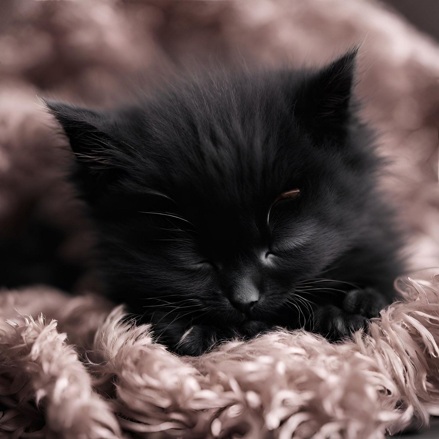 Whiskers Way | Black fluffy kitten sleeping with its eyes closed, on a soft blanket