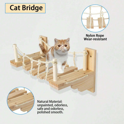 Cat Bridge Cat Tree Climbing Shelves Wooden Furniture Rope Net Design Suitable for Kitten to Play and Exercise Climbing Wall