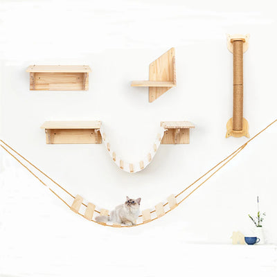 Cat Tree Wall Mounted Climbing Shelves Wooden Platform and Hammock with Cat Step Ladder and Cat Bridge for Kitten Perch Sleeping