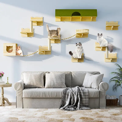 1PC Wall Mounted Cat Tree Cat Climbing Wooden Shelf Climbing Hammock Set Scratching Post and Ladder for Cats Playing&Sleeping