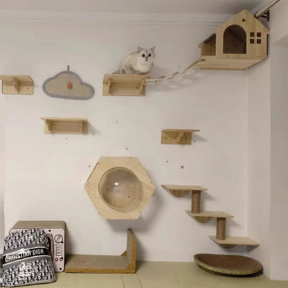 Wall Mounted Cat Tree Climbing Shelves For Cat Bridge and Cat House Bed & Sisal Scratching Post For Health of Cats Pet Furniture