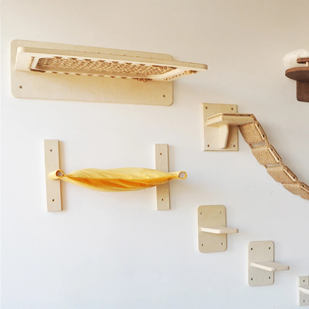Cat Bed Wall Mounted Hammock For Large Cats or Kitty Climbing Shelves Wooden And Sisal Rope Hammock And Perches Jumping Platform