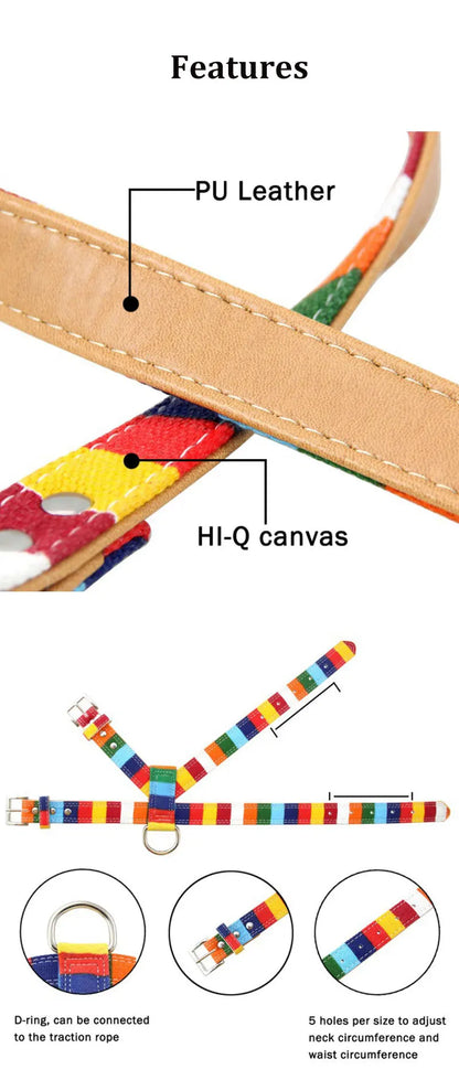 Rainbow Color Pet Dogs Collar Harness Set 120cm Puppy Leash Outdoor Walking Exercise Dogs Supplies PU Anti-Escape Cat Collars