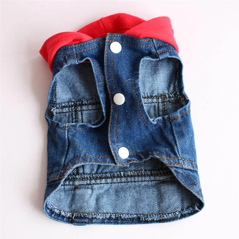 Sleeveless Denim Dog Jacket - Dark Wash, Puppy Hooded Jeans Coat Spring Summer Dog Clothes for Small Medium Dogs Bulldog Yorkie