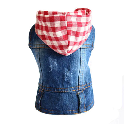 Sleeveless Denim Dog Jacket - Dark Wash, Puppy Hooded Jeans Coat Spring Summer Dog Clothes for Small Medium Dogs Bulldog Yorkie