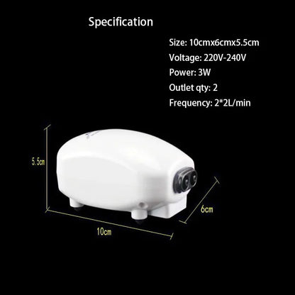 3W Ultra Low Noise Aquarium Air Pump Fish Tank Mini Air Compressor Oxygen Pump Fish Tank Aquarium Oxygen Pump Two Outlets