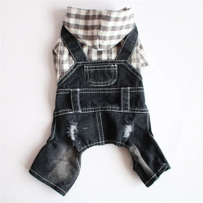 Spring Pet Dog Jumpsuit Denim Overalls for Dogs Plaid Jeans Jacket Pants Suit Onesies Small Dog Clothes Yorkie Chihuahua Apparel