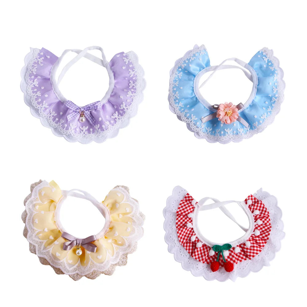 Romantic Lace Pet Dog Collar Bib Pearl Flower Princess Puppy Collar Necklace Candy Color Elastic Lace-Up Cat Bandana Accessories