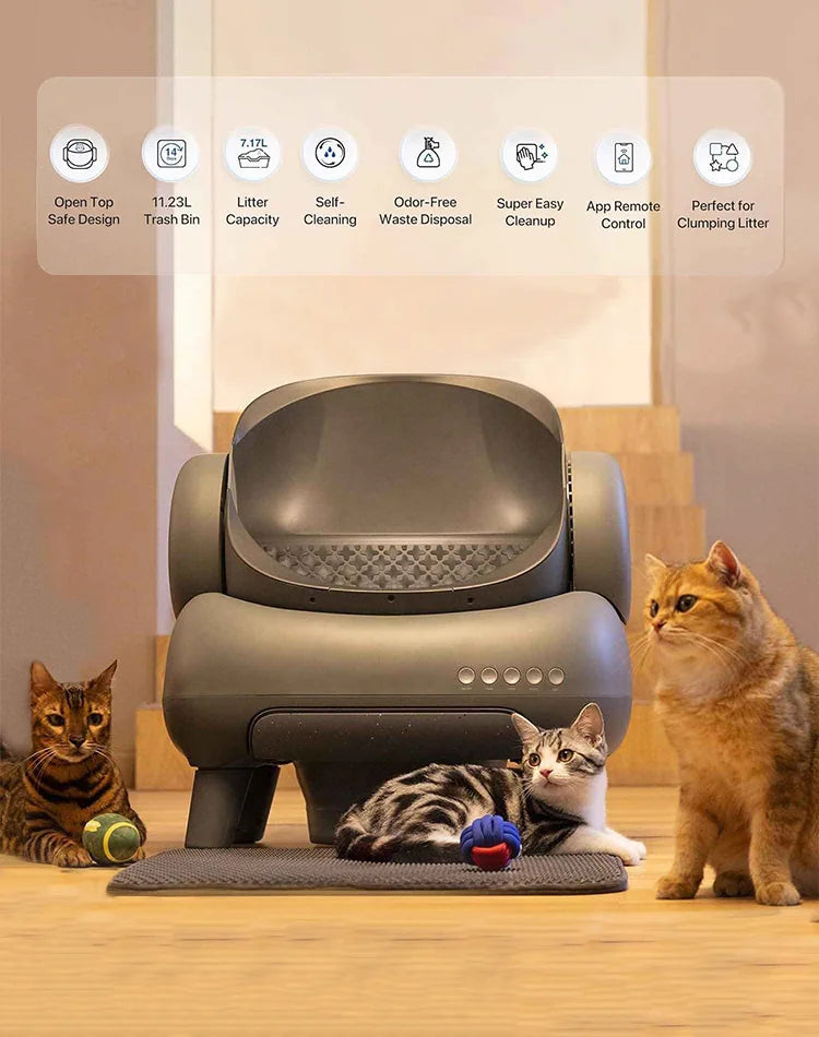 AMZ Hot Sale APP Controlled Open Top Automatic Smart Toilet Odor-Free Plastic Litter Box for Large Cats Kitten Toilet Robot