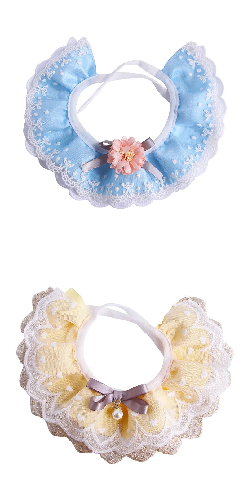 Romantic Lace Pet Dog Collar Bib Pearl Flower Princess Puppy Collar Necklace Candy Color Elastic Lace-Up Cat Bandana Accessories