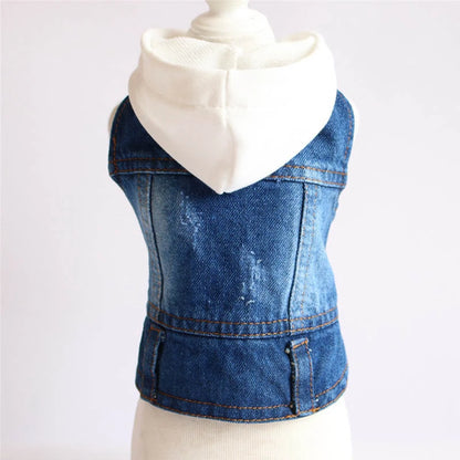 Sleeveless Denim Dog Jacket - Dark Wash, Puppy Hooded Jeans Coat Spring Summer Dog Clothes for Small Medium Dogs Bulldog Yorkie