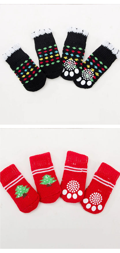4pcs/Set Printed Pet Dog Socks High Elasticity Small Big Puppy Chihuahua Thick Paw Protector Winter Warm Booties Pet Accessories