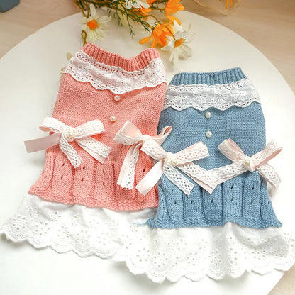 Classic Dog Winter Sweater with Tie Thick Weaving Warm Pet Cat Clothing Lovely Princess New Year Coat Christmas Dog Clothes