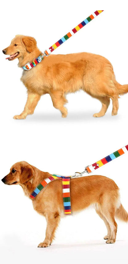 Rainbow Color Pet Dogs Collar Harness Set 120cm Puppy Leash Outdoor Walking Exercise Dogs Supplies PU Anti-Escape Cat Collars