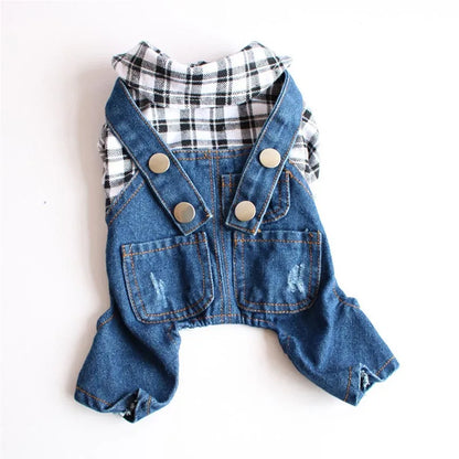 Spring Pet Dog Jumpsuit Denim Overalls for Dogs Plaid Jeans Jacket Pants Suit Onesies Small Dog Clothes Yorkie Chihuahua Apparel