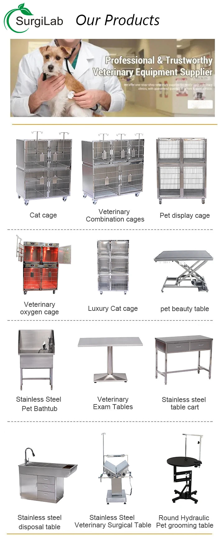 High Quality Stainless Steel Animal Cages Pet Showing Cage For Dog Cat Veterinary Kennel
