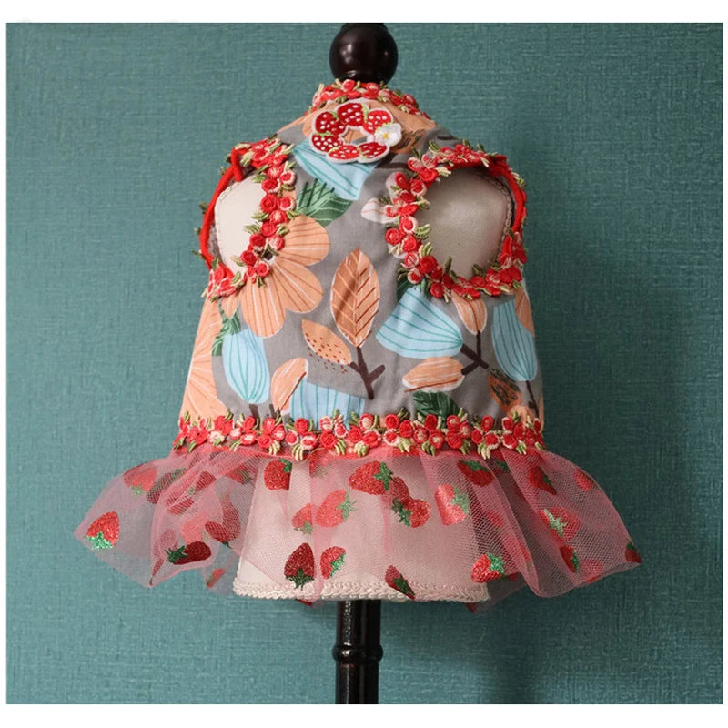 Dog Dress Harness Leash Set for Small Medium Dogs Cat Walking Summer Floral Print Luxury Design Puppy Short Dress with Pearl Bow