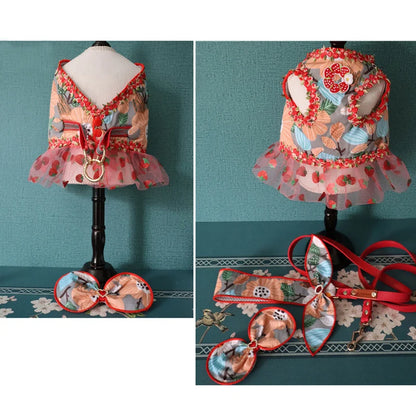 Dog Dress Harness Leash Set for Small Medium Dogs Cat Walking Summer Floral Print Luxury Design Puppy Short Dress with Pearl Bow