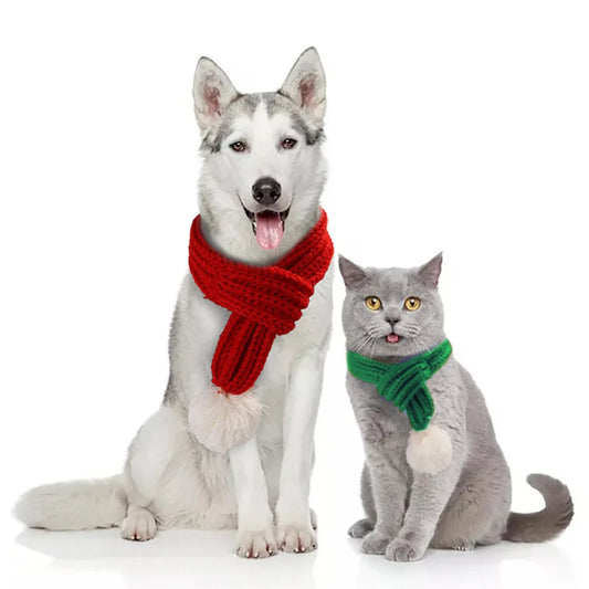 Solid Knitting Winter Pet Scarf for Dogs Christmas New Year Green Red Festival Cat Accessories Adjustable Plush Cozy Dog Collar