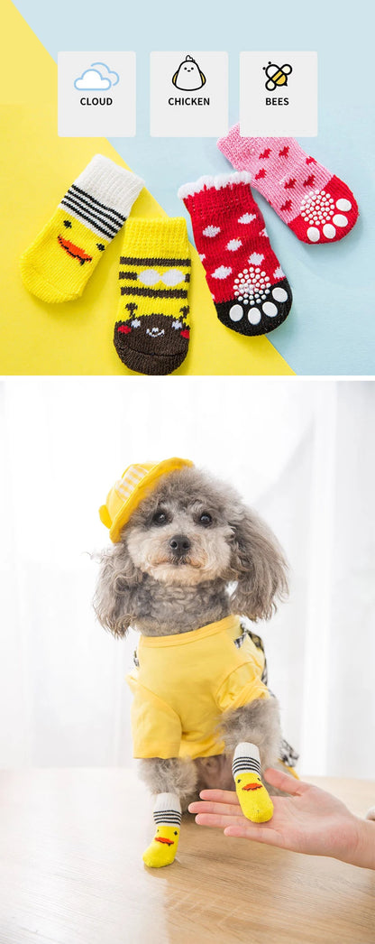 4pcs/Set Printed Pet Dog Socks High Elasticity Small Big Puppy Chihuahua Thick Paw Protector Winter Warm Booties Pet Accessories