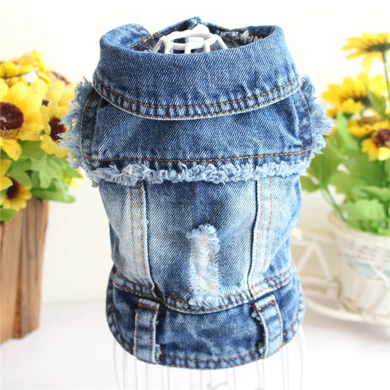 Pet Clothes for Small Medium Dogs Cool Dog Denim Jacket Puppy Sleeveless Dark Washed Jeans Costume Spring Lapel Pet Coat