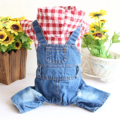 Spring Pet Dog Jumpsuit Denim Overalls for Dogs Plaid Jeans Jacket Pants Suit Onesies Small Dog Clothes Yorkie Chihuahua Apparel