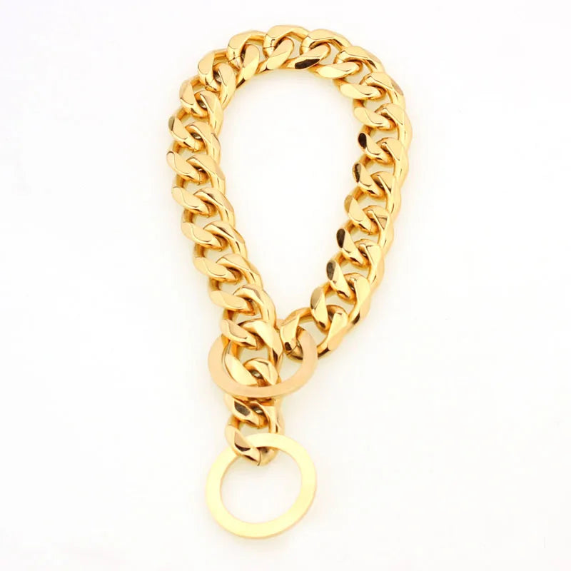 Strong Choke Chain Dog Collar Luxury 15MM 18K Gold Stainless Steel Cuban Link Metal Necklace for Small Medium Large Dogs Pitbull