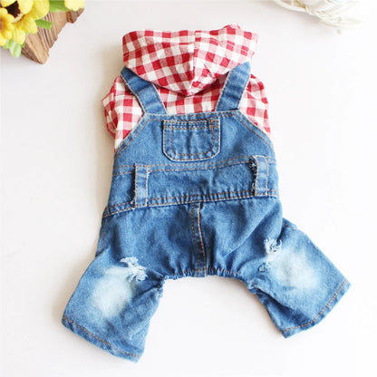 Spring Pet Dog Jumpsuit Denim Overalls for Dogs Plaid Jeans Jacket Pants Suit Onesies Small Dog Clothes Yorkie Chihuahua Apparel