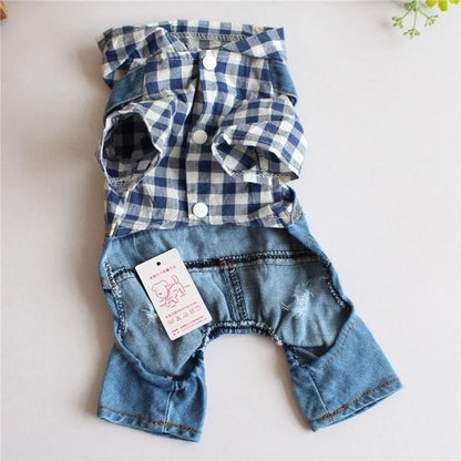 Spring Pet Dog Jumpsuit Denim Overalls for Dogs Plaid Jeans Jacket Pants Suit Onesies Small Dog Clothes Yorkie Chihuahua Apparel
