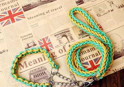 Heavy Duty Pet Dog Collar Leash Set Adjustable Obedience P Chain Collar Nylon Dog Leash Strap Lead Rope for Medium Large Dogs