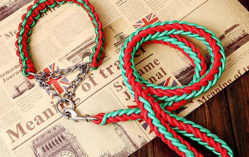 Heavy Duty Pet Dog Collar Leash Set Adjustable Obedience P Chain Collar Nylon Dog Leash Strap Lead Rope for Medium Large Dogs