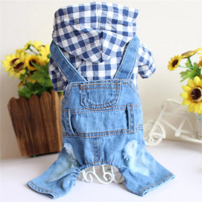 Spring Pet Dog Jumpsuit Denim Overalls for Dogs Plaid Jeans Jacket Pants Suit Onesies Small Dog Clothes Yorkie Chihuahua Apparel