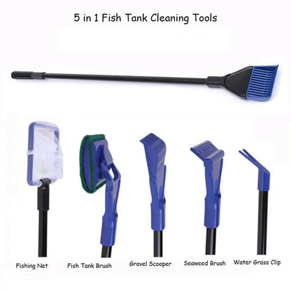 5 in 1 Aquarium Tank Cleaner Set Fish Net Gravel Rake Algae Scraper Fork Sponge Brush Glass Cleaner For Aquarium Cleaning Tools