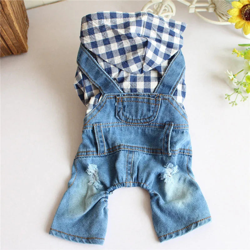 Spring Pet Dog Jumpsuit Denim Overalls for Dogs Plaid Jeans Jacket Pants Suit Onesies Small Dog Clothes Yorkie Chihuahua Apparel