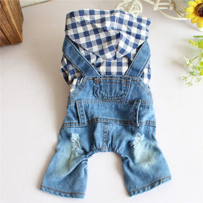 Spring Pet Dog Jumpsuit Denim Overalls for Dogs Plaid Jeans Jacket Pants Suit Onesies Small Dog Clothes Yorkie Chihuahua Apparel