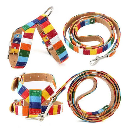 Rainbow Color Pet Dogs Collar Harness Set 120cm Puppy Leash Outdoor Walking Exercise Dogs Supplies PU Anti-Escape Cat Collars